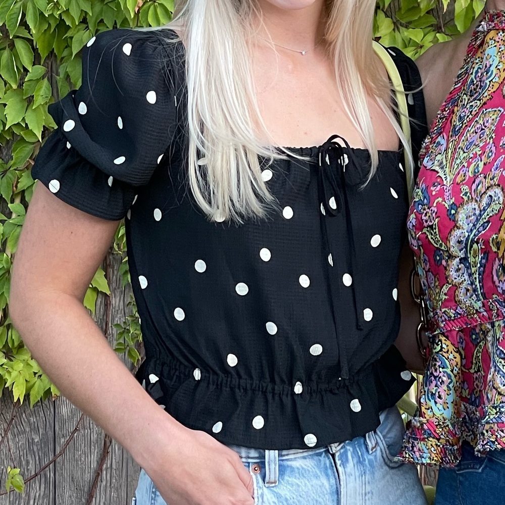 H&M Black White Polka Dot Puff Sleeve Cropped Top XS